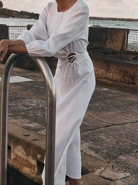 Dissh White Long Sleeve Cutout Linen Dress